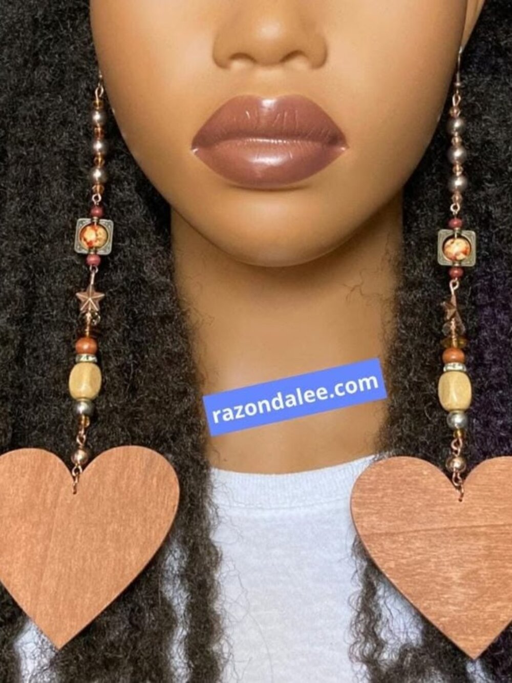 Dangle Earrings Wooden Hearts Extra Long by Razonda Lee